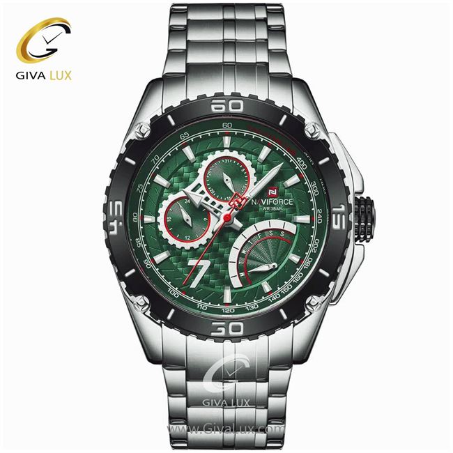 ساعت مچی اورجینال مردانه ناوی فورس|Naviforce|نوی فورس|نیوی فورس سه موتوره فول تایم نقره ای | نقره ای| سبز| کد رفرنس NF9183